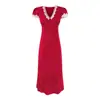 Vestido de Cintura con Estampado de Lunares Rojos Retro Francés de Manga Corta con Encaje en V para Mujer Estilo Vacaciones Falda Larga