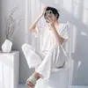 Mianchou Shijia 2026 Novo Conjunto de Pijama Feminino de Verão com Manga Curta, Calça Longa e Gola Boneca, Roupas de Casa Soltas Confortáveis
