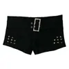 Cinturón de Metal con Hebilla para Mujer de Tiro Bajo Ultra Cortos con Tachuelas Ajustado Estilo Hot Girl Shorts Negros Bodycon Transfronterizo Ins