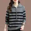 Suéter de punto a rayas con cremallera estilo coreano transfronterizo, nuevo otoño e invierno, bloques de color vintage, corte holgado, adelgazante, jersey casual