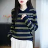 Camisa versátil de lana finamente hilada, ligera y cálida, con rayas, cuello clásico, manga larga, para mujer, para primavera y otoño, estilo commuter