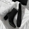 Botas de Cano Curto com Salto Bloco Marrom Chuyuji para Mulheres 2026 Outono/Inverno Novo Estilo Francês Zíper nas Costas Salto Alto Bico Quadrado Elásticas Ajustadas