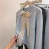 Suéter Azul Esponjoso Suave con Lazo de Encaje Coreano Dopamina para Mujeres Petite en Otoño e Invierno, Estilo Perezoso