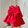 Vestido Tesouro Feminino de Um Ano Novo Gola Boneca Flor Vermelha Menina Vestido Vermelho Pequeno Manga Longa Feminino Cetim Aniversário Vestido Princesa