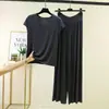 Conjunto de pijama de toque fresco para primavera e verão, camiseta redonda plus size e calça pantalona de duas peças, conjunto de casa feminino em modal adequado para sair
