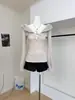 Camiseta de Manga Larga con Cordones, Huecos y Retazos, Cuello de Piel para Mujer, Otoño e Invierno, Sexy, Ajustada, Top Básico