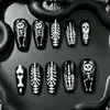 Uñas Postizas Halloween Calavera Patrón de Huesos Blanco y Negro 24 Piezas Moda Europea y Americana Uñas Postizas