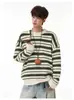 Suéter Retrô Americano Color Block com Listras Gola Redonda para Homens e Mulheres Outono Tendência Marca Cardigan Preguiçoso Solto Modelagem Relaxada Peça de Roupa Externa