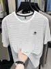 Camiseta Masculina de Manga Curta Listrada em Nylon Gelo de Verão 2026 Nova Gola Redonda Casual Versátil Solta Fresca