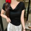 Foto Real de Camiseta de Manga Corta con Cuello de una Línea y Deseo Puro para Mujer Verano 2025 Nuevo Diseño Top Corto que Destaca la Clavícula