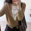 Blusa chique e linda para mulheres petite, top de malha cinza com retalhos em falso duas peças de manga comprida para mulheres