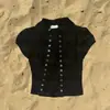 Camiseta Informal de Manga Corta de Color Sólido con Diseño de Doble Botonadura Estilo Japonés para Verano, Cuello Medio Alto, Corte Ajustado