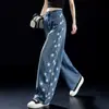 Jeans retro americanos con estampado de estrellas para mujer, nuevo estilo de verano, de cintura alta, adelgazantes, populares este año, pantalones de pierna curva de venta caliente