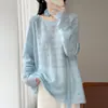 Suéter de punto 100% lana estilo coreano de principios de otoño La Chapelle para mujer, cuello redondo, patrón de ganchillo calado, top de manga larga floral tridimensional
