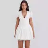 Vestido Blanco Primer Amor Mangas Abullonadas Francesas Reductoras de Edad Cuello en V Profundo Cintura Pura Deseo Vestido Adelgazante Falda con Costuras de Vacaciones