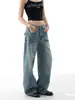 Pantalones de Mezclilla Rectos de Pierna Ancha Lavados en Azul Claro con Efectos de Bigotes, Estilo Retro Americano de Tiro Bajo Holgados, Pantalones Adelgazantes de Largo Completo