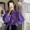 Camisa Versátil Nueva de Estilo Coreano para Primavera y Verano, Versátil, con Lazo, Diseño Delgado, Camisa de Gasa para Mujer, Estilo Ins, Color Púrpura