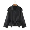 Otoño Transfronterizo Europeo y Americano Comercio Exterior Ropa de Mujer al por Mayor Moda Solapa Hombrera Diseño de Doble Botonadura Cinturón Chaqueta Abrigo de Cuero PU