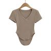 25013-25 Primavera Nuevo Estilo Estilo Europeo y Americano Sexy Dobladillo Curvo Cuello Corazón de Melocotón Cintura Entallada Que Resalta la Figura Camiseta de Manga Corta