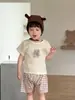 Conjunto de Camiseta Manga Curta Estampada de Desenho Animado para Meninos e Shorts Largos Xadrez Pp, Roupas Finas para Bebê, Roupa de Verão, Atacado do Fabricante Personalização