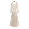 Vestido elegante de manga larga con cuello cuadrado estilo Hepburn con costuras nuevas a principios de otoño de 2023 para mujer, falda larga con vuelo grande y cintura adelgazante