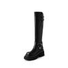 Botas de couro bovino com sola grossa e cano longo, estilo cavaleiro, outono 2023, salto médio grosso, bico redondo, fivela de cinto de metal, botas altas de couro legítimo para mulheres