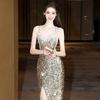 Vestido de Noite de Lantejoulas de Luxo Dourado Indústria Pesada Luxo Leve Alça Única Sereia Noiva Banquete de Noivado Cauda de Peixe Vestido para Brinde