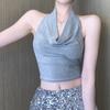 Top Pequeño Tailandés Único y Elegante Sexy para Chica Caliente Espalda Descubierta Cintura Plateado Brillante Seda Cuello Oscilante Halter Camisola