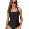 Traje de baño de una pieza con cuello halter transfronterizo europeo y americano para mujer, cuello cuadrado, fruncido, que oculta el abdomen, adelgazante, tankini conservador, traje de baño para viajes y vacaciones