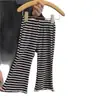 Pantalones Casuales de Primavera y Otoño para Niñas, Marca de Moda Infantil Elegante, Pantalones de Campana Rayados Elásticos con Volantes Estilo Coreano