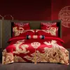 Juego de ropa de cama de boda de alta gama con dragón y fénix en color rojo brillante, juego de cuatro piezas, ropa de cama de boda para el novio, colcha de novia para la novia