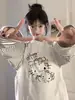 Camiseta Reductora de Edad Coreana con Estampado de Gatito Cuello Redondo Manga Larga Moda Femenina Versátil Casual Holgada Top de Rayas en Contraste
