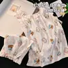 Estilo Nuevo de Verano Algodón Nube Tirantes para Niña con Almohadilla en el Pecho Lazo Casual Dulce Conjunto de Ropa para el Hogar para Mujer