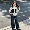 Conjunto de Dos Piezas de Camisa de Encaje para Niñas Otoño 2026, Conjunto de Primavera y Otoño para Niñas, Conjunto de Dos Piezas de Top y Pantalones de Campana