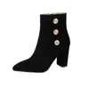Botines negros mate de punta fina con tacón grueso para mujer, botines vintage con hebilla metálica y cremallera lateral, elegantes botas de tacón alto ajustadas para otoño e invierno