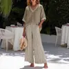 Conjunto Nuevo de Algodón y Lino de Verano para Mujer, Top Holgado de Manga Corta con Cuello en V, Conjunto de Dos Piezas con Pantalones de Pierna Ancha a Rayas, Ropa Casual Transfronteriza