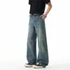 Jeans Wide Leg Lavado Vintage Americano Desgastado Masculino Solto Reto Tendência High Street Marca Calças Longas Versáteis Calças Casuais