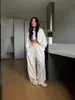 Estilo Europeu e Americano Transfronteiriço Outono Novo Francês Claro Doce Casual Simples Listrado Camisa Top Calça Reta Conjunto