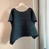 Top Irregular para Mujer, Diseño de Nicho de Alta Gama para Verano, Estilo Issey Miyake, Camiseta de Manga Corta Holgada Adelgazante Plisada de Alta Calidad