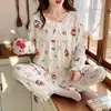 Pijama Nuvem de Algodão Estilo Princesa para Mulheres, Manga Longa e Calça para Primavera e Outono, Doce, Fofo, Fresco, Roupa de Casa com Gola Redonda para Estudantes