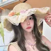 Sombrero de paja con ala ancha y tiras para mujer, estilo coreano, transpirable, para verano, playa, vacaciones, pescador