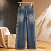 Nuevos pantalones vaqueros anchos para mujer con bordado pesado floral estilo chino, nuevo diseño de cintura alta para primavera/otoño 2026, pantalones rectos