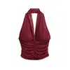 Camisola Sexy de Malla con Cuello Halter y Espalda Descubierta, Estilo Vintage Caliente para Mujer, Otoño 2026, con Escote en V Profundo y Diseño Ajustado Fruncido