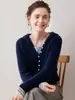 Novo suéter de cashmere puro com capuz e gola semiaberta para mulheres, suéter de cashmere puro, malha canelada, design color-block, blusa falsa de duas peças