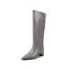 Primer Encuentro Botas Largas Grises de Punta Fina con Tacón de Cuña de Temporada para Mujer, Botas de Caña Alta Rectas, Botas de Rodilla Adelgazantes con Tacón Alto