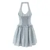 Estilo Europeo y Americano Sexy Cuello en U Estampado de Rayas Lazo Cuello Halter Vestido Camiseta Verano Ajustado Delgado Chica Caliente Vestido Corto para Mujeres