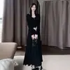 Vestido Largo de Manga Larga con Patchwork de Color Sólido, Cinta Plisada para Otoño e Invierno para Mujer, Elegante Decoración Tridimensional, Vestido Largo de Línea A que Ceñe la Cintura, Transfronterizo