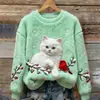 Nova estação independente transfronteiriça Amazon estampa digital gato animal fleece moletom feminino gola redonda para outono e inverno