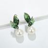 Aretes de Perla y Hoja de Cristal Estilo Francés para Mujer, Clavos Redondos Sencillos, Aretes Versátiles y de Moda al por Mayor