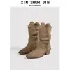 Versão em Couro~ Bico Fino Emagrecedor Botas Martin Femininas Outono Inverno Botas Curtas Retro Salto Bloco Grosso Botas de Cavaleiro Amassadas Botas Ocidentais Empilhadas